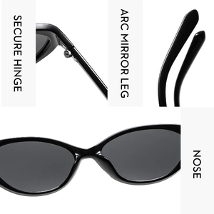 Detail view of cat eye sunglasses showing secure hinge, arc mirror leg and smooth nose pads