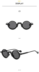 Vorderansicht und 45-Grad-Seitenansicht der schwarzen Vintage-Rundsonnenbrille mit Wellenbügeln