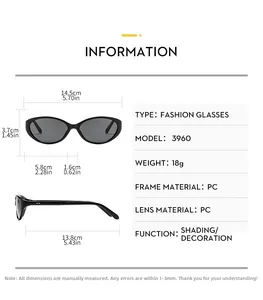 Detailed size chart for retro cat-eye sunglasses with precise frame and lens dimensions