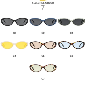 Selection of seven cat-eye sunglasses in various colors on a clean white background