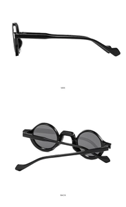 Seiten- und Rückansicht der runden Retro-Sonnenbrille mit poliertem schwarzem Rahmen