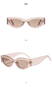 Front and side views of vintage cat-eye sunglasses in translucent pink with brown lenses