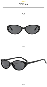 Front and 45-degree side views of black oval cat eye sunglasses with polished frames