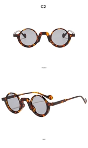Vorder- und Seitenansicht der Vintage-Rundsonnenbrille in Schildpattoptik mit dunklen Gläsern