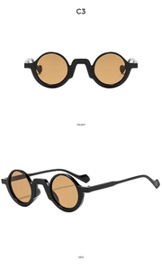 Vorder- und Seitenansicht der Vintage-Rundrahmen-Sonnenbrille mit bernsteinfarbenen Gläsern