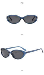 Detailed front and side view of cat-eye sunglasses with blue frames and metal rivets