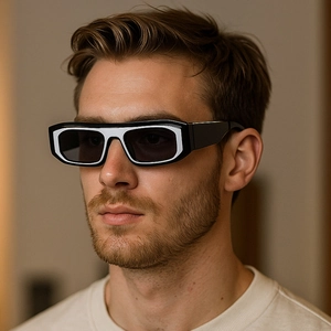 Irregular two-tone square sunglasses with black and white frames and dark grey lenses