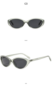 Detailed front and side views of olive green cat-eye sunglasses with dark grey lenses