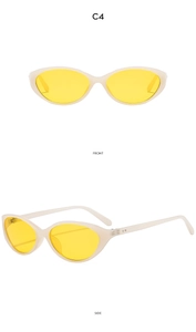 Front and side views of vintage cat eye sunglasses in ivory white with yellow lenses