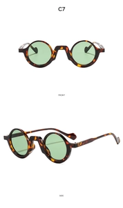 Vorder- und Seitenansicht der Retro-Rundsonnenbrille mit Schildpatt und grünen Gläsern