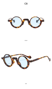 Vorder- und Seitenansicht der runden Retro-Sonnenbrille in Tortoise mit blauen Gläsern