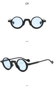 Vorder- und Seitenansicht der Vintage-Rundsonnenbrille in Schwarz mit hellblauen Gläsern