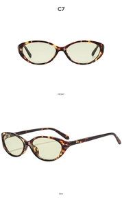 Front and side views of tortoise shell cat eye sunglasses with yellow lenses