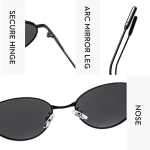 Detail view of reinforced hinges, curved non-slip temples and soft nose pads on sunglasses