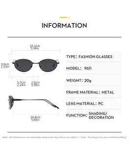Detailed sizing chart and specifications for vintage oval metal frame sunglasses