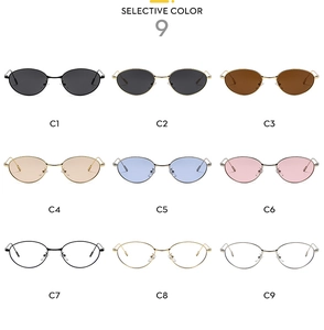 Detailed catalog showing 9 color options for oval metal frame retro sunglasses