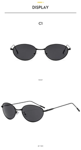 Front and 45-degree side view of vintage oval sunglasses with black metal frames