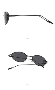 Detailed side and back view of retro oval sunglasses with slim black metal frames
