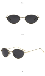 Front and side view of oval vintage sunglasses with gold metal frame and dark lenses