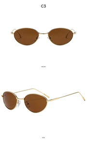 Front and side view of oval metal sunglasses with gold frame and dark brown lenses