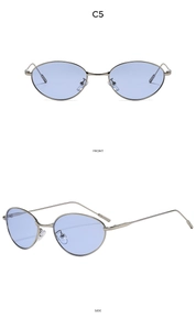 Front and side view of oval metal sunglasses with light blue lenses and silver frames