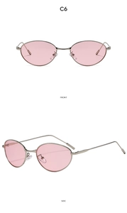 Front and side views of oval pink sunglasses with silver metal frames and slim temples