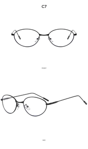 Front and side view of oval black metal frame sunglasses with minimalist thin temples