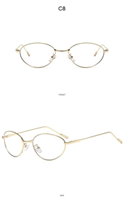 Front and side macro views of oval golden metal frame glasses with vintage minimalist design