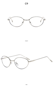 Detailed front and side views of oval silver metal frame sunglasses with adjustable pads