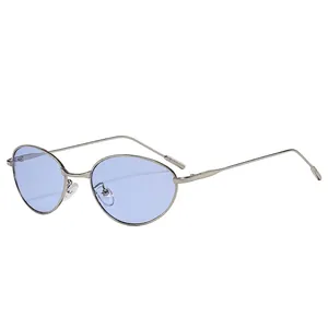 Retro oval metal sunglasses with light blue lenses and silver frame for outdoor wear