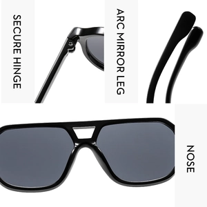 Detail view showing secure hinges, arc mirror legs, and nose bridge on black sunglasses