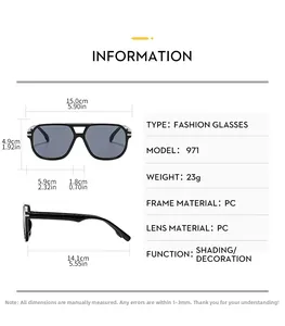 Detailed technical diagram of double-bridge square sunglasses with precise dimensions