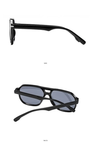 Detailed side and back view of retro double-bridge square black sunglasses frames