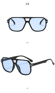 Detailed front and side views of double-bridge square sunglasses with light blue lenses