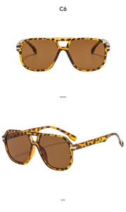 Front and side views of tortoise shell double bridge sunglasses with brown lenses