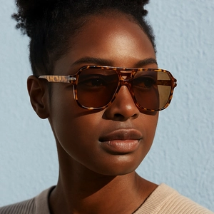 Retro double-bridge pilot sunglasses with leopard frame and brown lenses on model