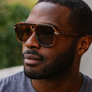 Classic tortoise shell double-bridge pilot sunglasses with dark brown lenses for men