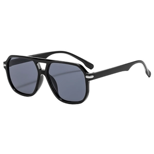 Retro double-bridge square pilot sunglasses with glossy black frames and grey lenses