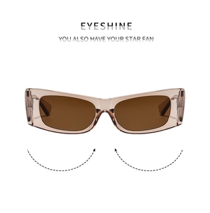 Close-up of translucent brown cat eye sunglasses with sleek hollow temple design