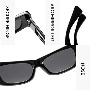 Detail view of cat eye sunglasses showing secure hinge, arc mirror leg, and smooth nose pads