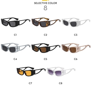 Detail view of eight vintage rectangular sunglasses with hollow temple design variants