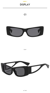 Detailed views of black cat-eye sunglasses featuring hollow geometric wide temples