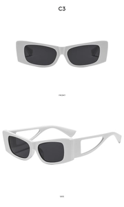 Front and side view of white rectangle sunglasses featuring hollow out temple design