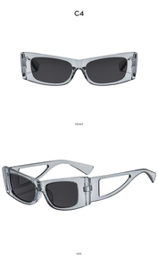 Rectangle cat-eye sunglasses with hollow geometric temples and grey transparent frame