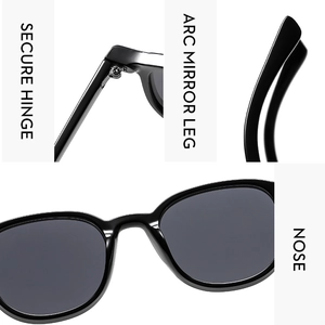 Detail view of square sunglasses with secure hinge, arc mirror leg and integrated nose pads