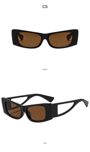 Detail view of black rectangular sunglasses featuring hollow triangular temples and brown lenses