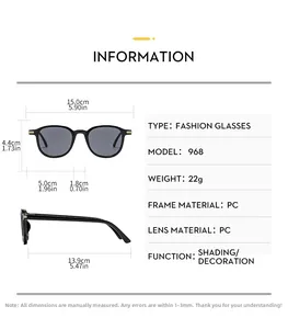 Detailed sizing chart and technical specifications for square frame retro sunglasses