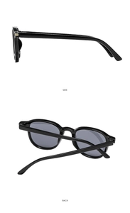 Detail view of square black sunglasses showing the side hinge and back frame design