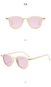 Front and side views of cream square sunglasses with pink lenses and gold accents