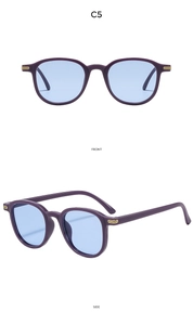 Front and side views of vintage square sunglasses with purple frames and blue lenses